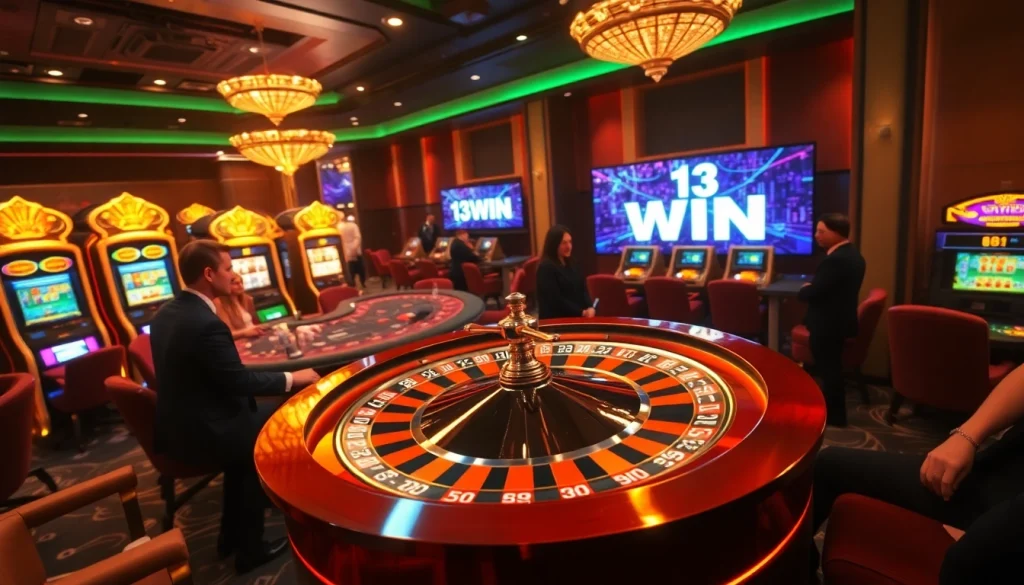 13 WIN engages players at a glamorous casino with vibrant roulette and slot games.