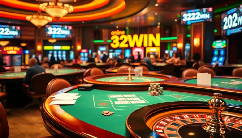 Experience the excitement at 32WIN casino with vibrant games and colorful poker chips.