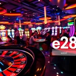 Experience thrilling gambling moments in vibrant casino settings featuring e28 betting slips amid active players and tables.