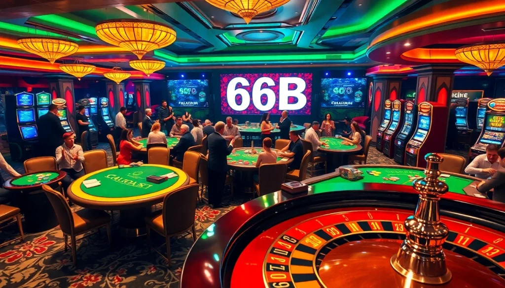 Players enjoying thrilling roulette and poker activities at a lavish casino, showcasing excitement around the keyword 66B.