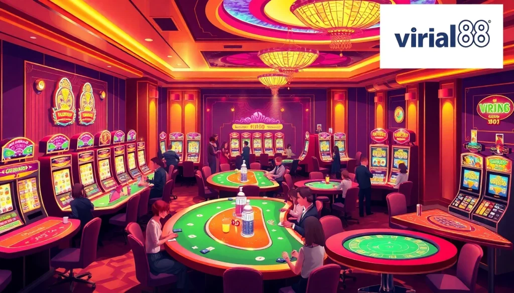 Exciting casino scene featuring players at tables, highlighting viral88 gaming experiences.
