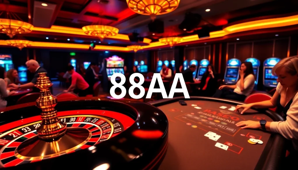 Experience the thrill of gaming with 88AA at a bustling casino, featuring roulette and blackjack tables.