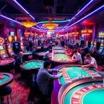 SUNWIN 88 offers an exciting atmosphere with engaged players at casino tables featuring vibrant slot machines and colorful poker chips.